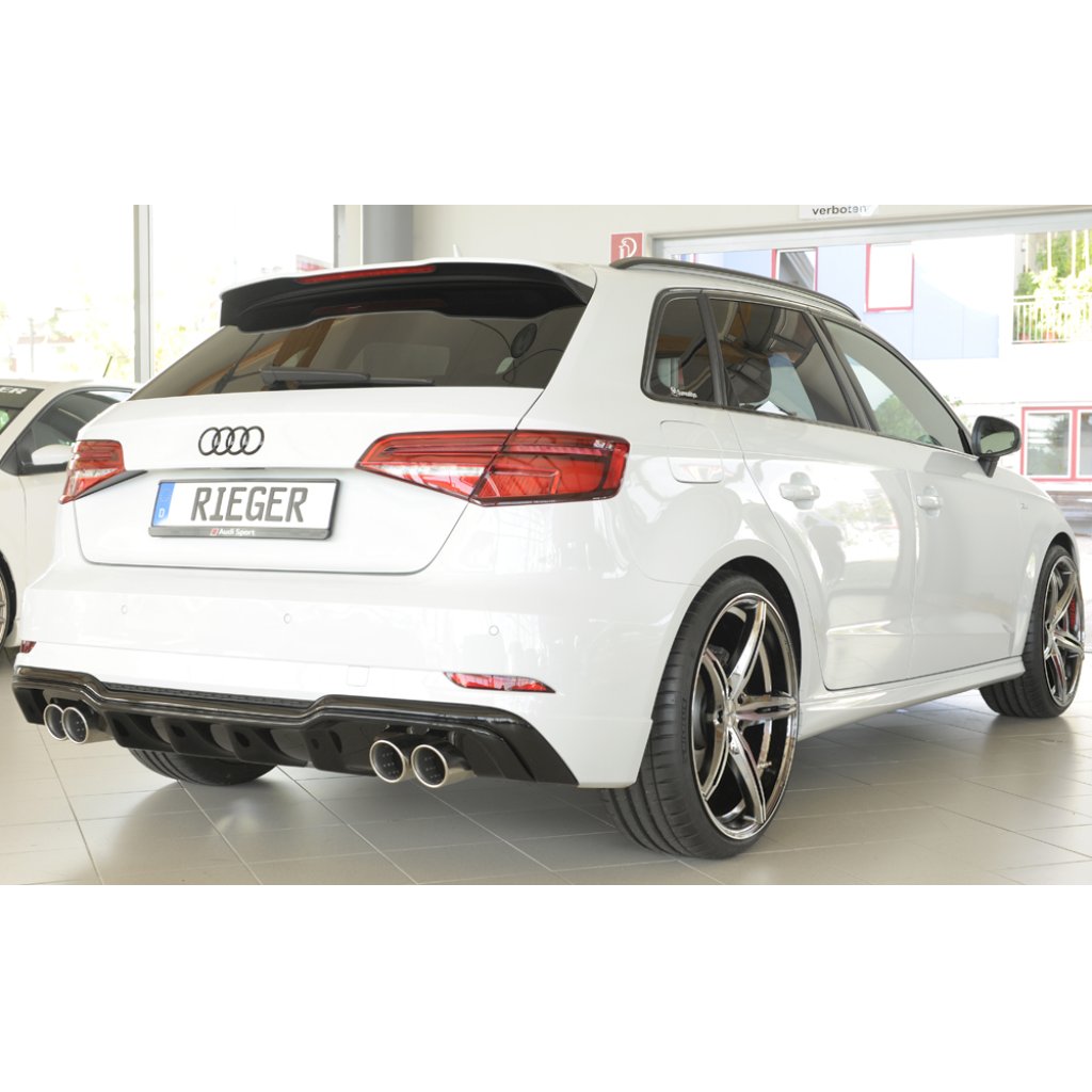 Rieger vložka zadního nárazníku pro Audi A3 8V 3-dvéř. (hatchback 8V1), 5-dvéř. (sportback 8VA) po faceliftu, plast ABS lakovaný do černé lesklé barvy, pro dvojité koncovky na obou stranách 4x90 mm