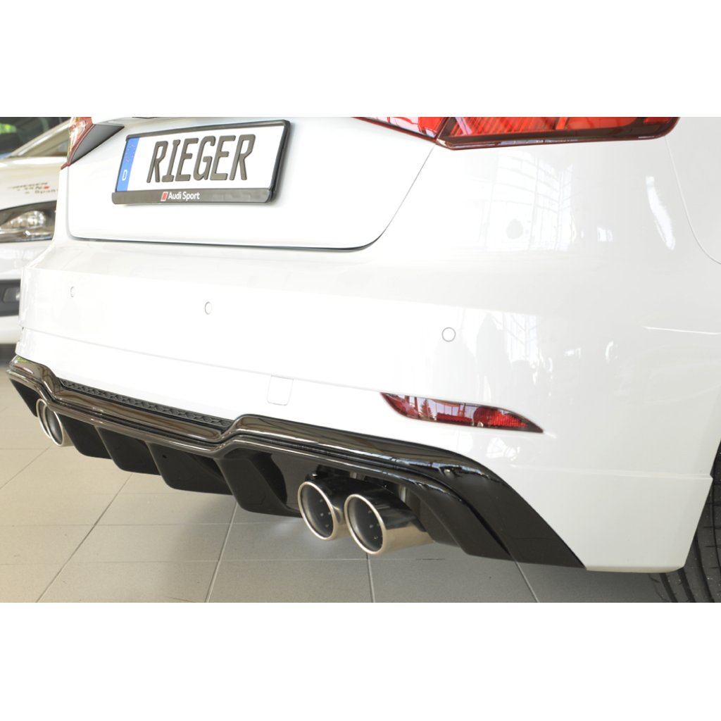 Rieger vložka zadního nárazníku pro Audi A3 8V 3-dvéř. (hatchback 8V1), 5-dvéř. (sportback 8VA) po faceliftu, plast ABS lakovaný do černé lesklé barvy, pro dvojité koncovky na obou stranách 4x90 mm