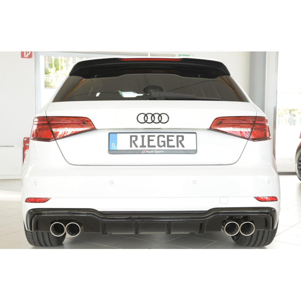 Rieger vložka zadního nárazníku pro Audi A3 8V 3-dvéř. (hatchback 8V1), 5-dvéř. (sportback 8VA) po faceliftu, plast ABS lakovaný do černé lesklé barvy, pro dvojité koncovky na obou stranách 4x90 mm