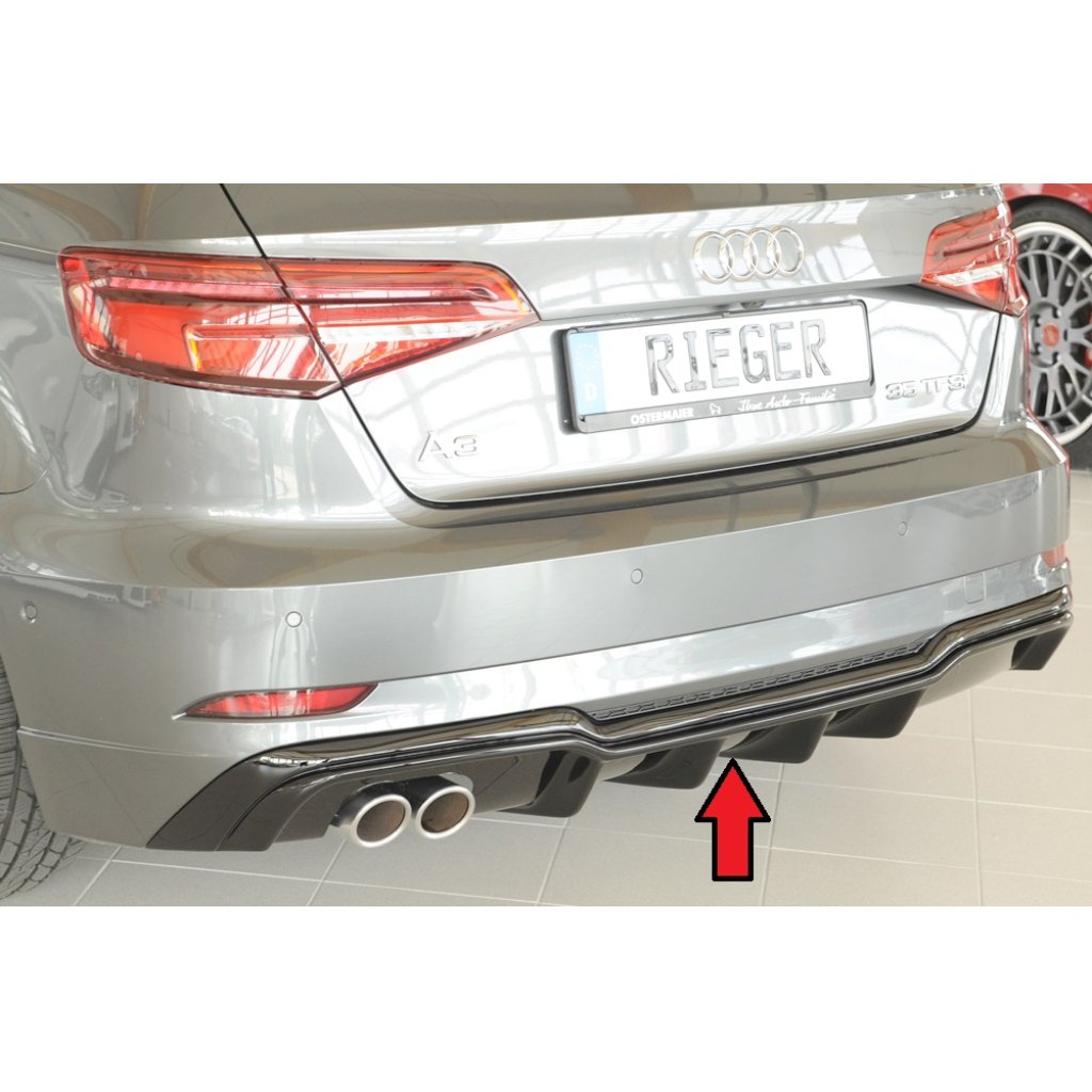 Rieger vložka zadního nárazníku pro Audi A3 8V 3-dvéř. (hatchback 8V1), 5-dvéř. (sportback 8VA) po faceliftu, plast ABS lakovaný do černé lesklé barvy, pro dvojitou koncovku vlevo