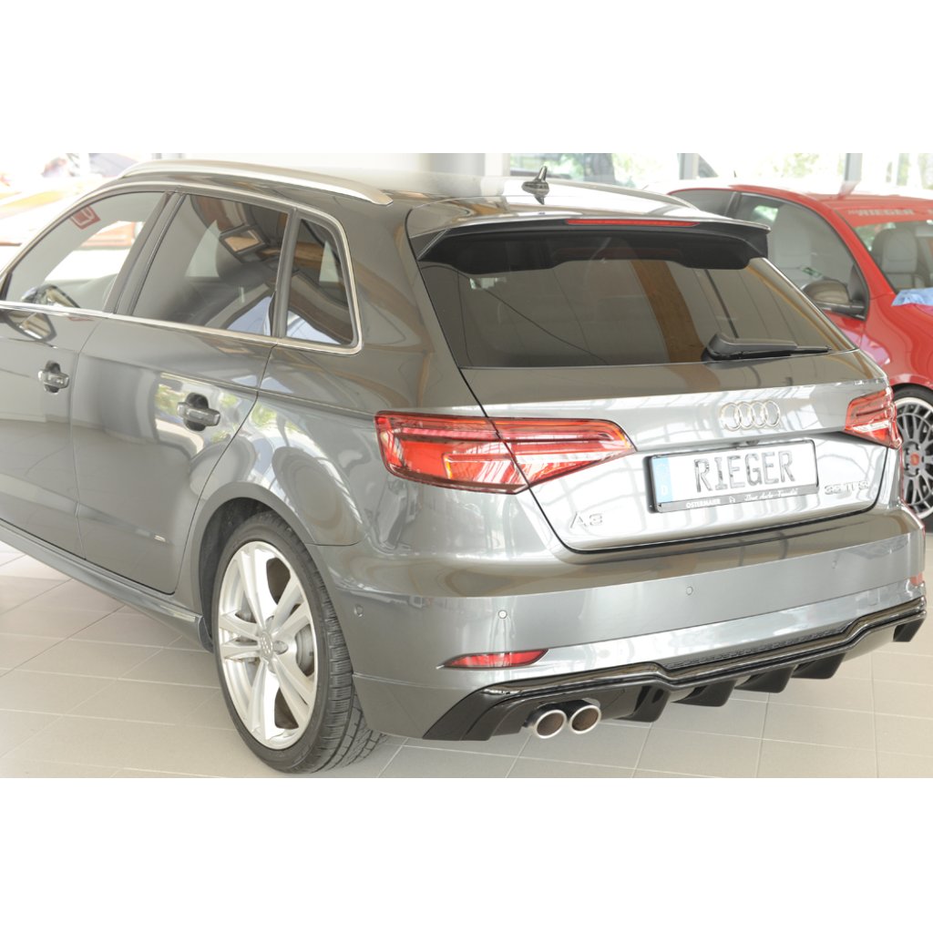 Rieger vložka zadního nárazníku pro Audi A3 8V 3-dvéř. (hatchback 8V1), 5-dvéř. (sportback 8VA) po faceliftu, plast ABS lakovaný do černé lesklé barvy, pro dvojitou koncovku vlevo