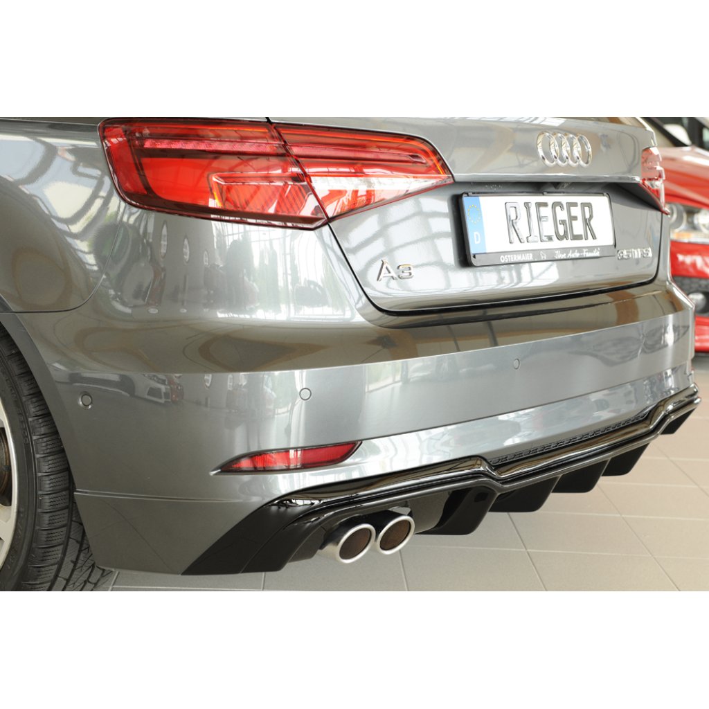 Rieger vložka zadního nárazníku pro Audi A3 8V 3-dvéř. (hatchback 8V1), 5-dvéř. (sportback 8VA) po faceliftu, plast ABS lakovaný do černé lesklé barvy, pro dvojitou koncovku vlevo