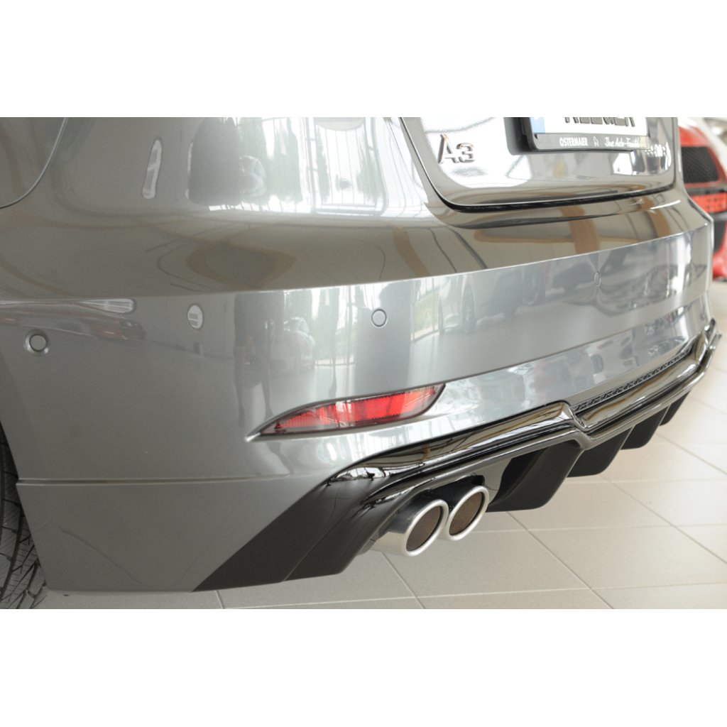 Rieger vložka zadního nárazníku pro Audi A3 8V 3-dvéř. (hatchback 8V1), 5-dvéř. (sportback 8VA) po faceliftu, plast ABS lakovaný do černé lesklé barvy, pro dvojitou koncovku vlevo