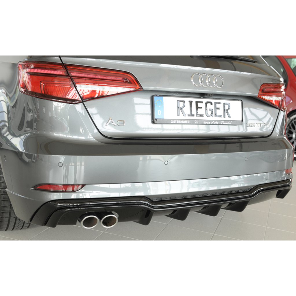 Rieger vložka zadního nárazníku pro Audi A3 8V 3-dvéř. (hatchback 8V1), 5-dvéř. (sportback 8VA) po faceliftu, plast ABS lakovaný do černé lesklé barvy, pro dvojitou koncovku vlevo