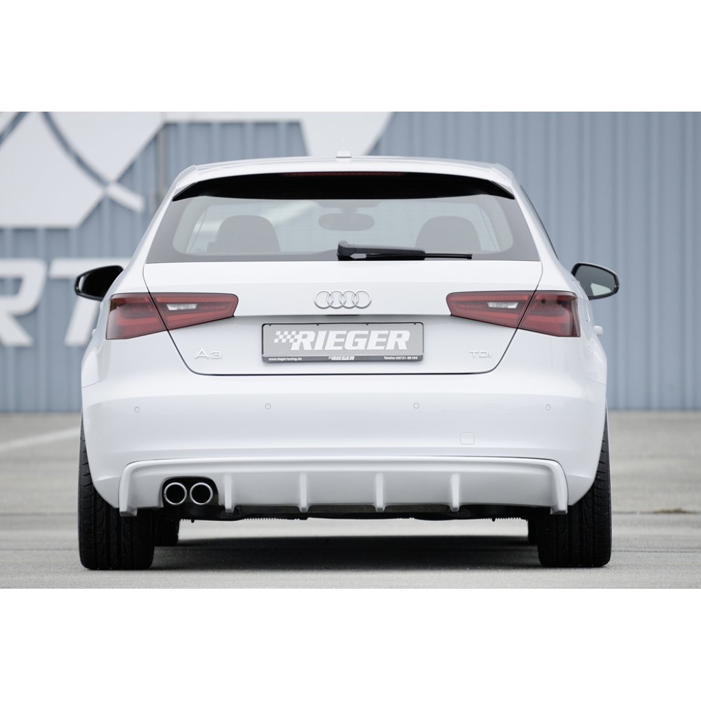 Rieger vložka zadního nárazníku pro Audi A3 8V 3-dvéř. (hatchback 8V1), 5-dvéř. (sportback 8VA) před faceliftem, plast ABS bez povrchové úpravy, mimo S-Line, pro dvojitou koncovku vlevo