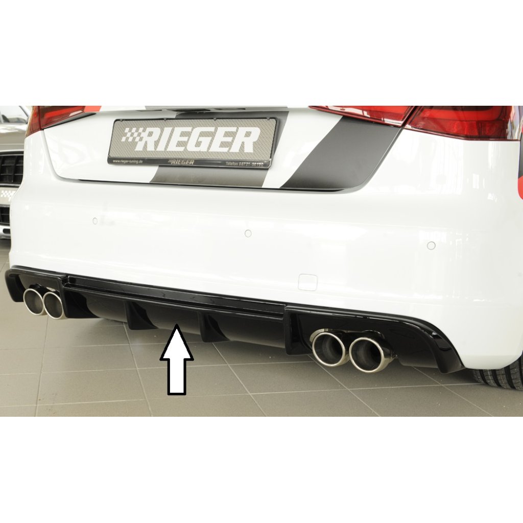 Rieger vložka zadního nárazníku pro Audi A3 8V 3-dvéř. (hatchback 8V1), 5-dvéř. (sportback 8VA) před faceliftem, plast ABS lakovaný do černé lesklé barvy, pro dvojité koncovky na obou stranách 4x90 mm