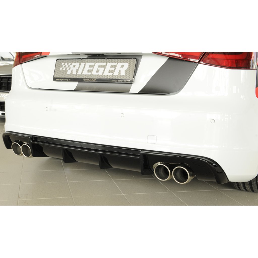 Rieger vložka zadního nárazníku pro Audi A3 8V 3-dvéř. (hatchback 8V1), 5-dvéř. (sportback 8VA) před faceliftem, plast ABS lakovaný do černé lesklé barvy, pro dvojité koncovky na obou stranách 4x90 mm