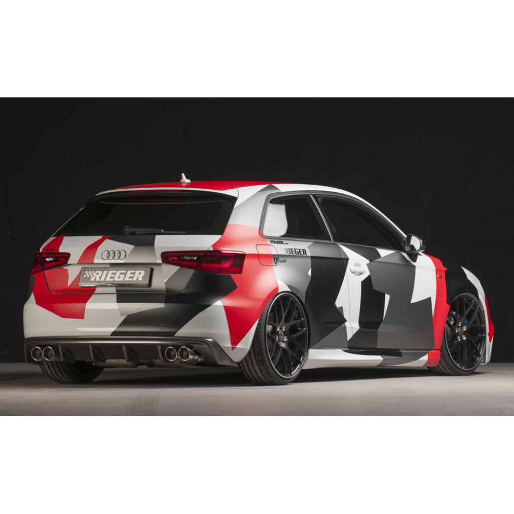 Rieger vložka zadního nárazníku pro Audi A3 8V 3-dvéř. (hatchback 8V1), 5-dvéř. (sportback 8VA) před faceliftem, plast ABS s povrchovou úpravou Carbon-Look, pro dvojité koncovky na obou stranách