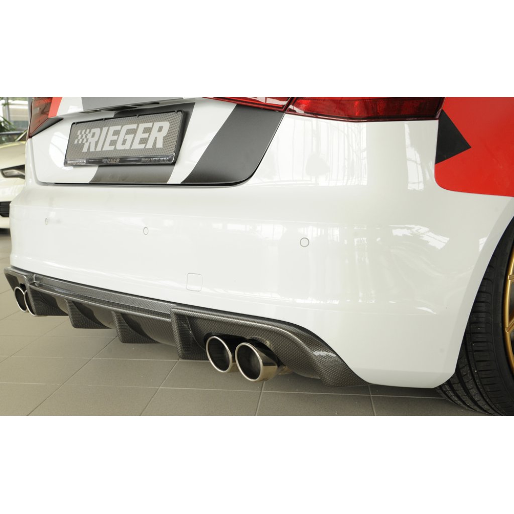 Rieger vložka zadního nárazníku pro Audi A3 8V 3-dvéř. (hatchback 8V1), 5-dvéř. (sportback 8VA) před faceliftem, plast ABS s povrchovou úpravou Carbon-Look, pro dvojité koncovky na obou stranách 4x90 mm