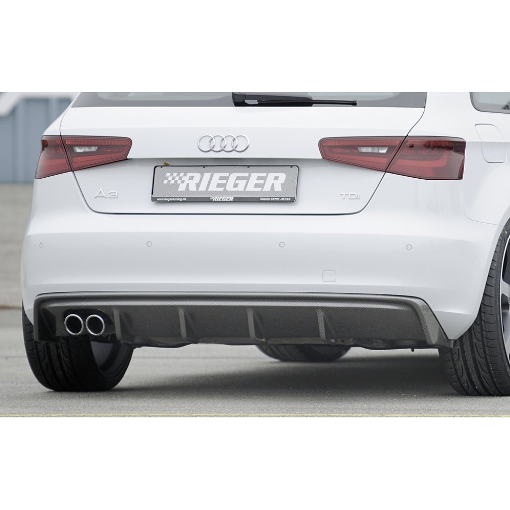Rieger vložka zadního nárazníku pro Audi A3 8V 3-dvéř. (hatchback 8V1), 5-dvéř. (sportback 8VA) před faceliftem, plast ABS s povrchovou úpravou Carbon-Look, pro dvojitou koncovku vlevo