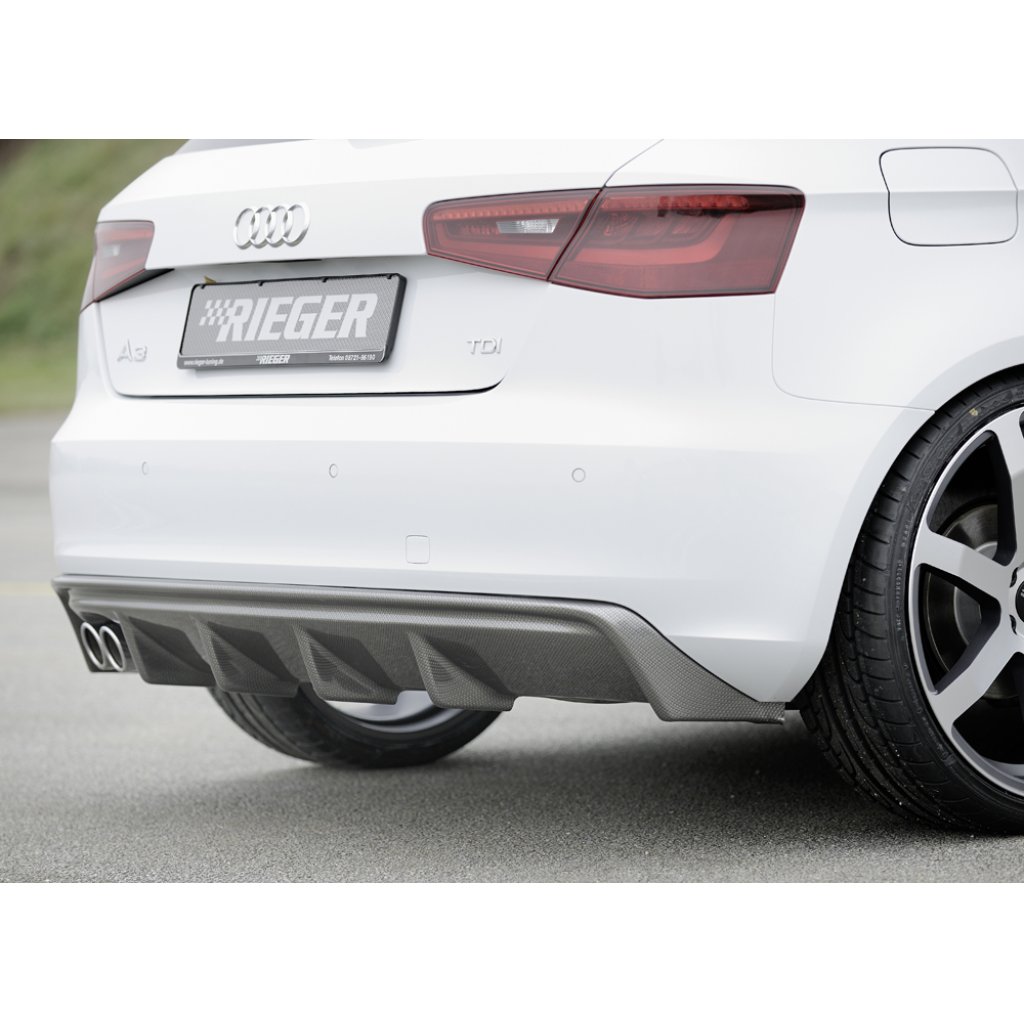 Rieger vložka zadního nárazníku pro Audi A3 8V 3-dvéř. (hatchback 8V1), 5-dvéř. (sportback 8VA) před faceliftem, plast ABS s povrchovou úpravou Carbon-Look, pro dvojitou koncovku vlevo