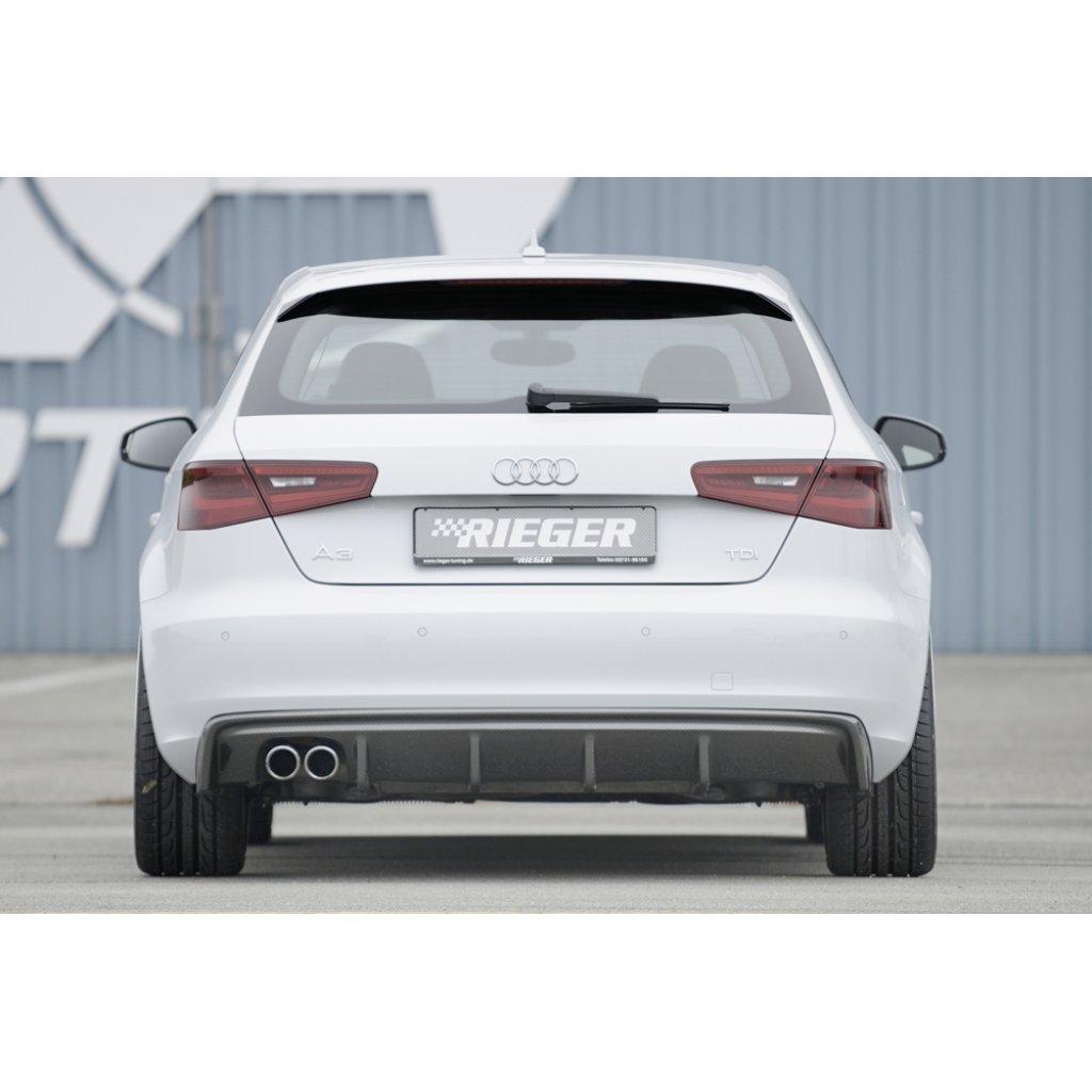 Rieger vložka zadního nárazníku pro Audi A3 8V 3-dvéř. (hatchback 8V1), 5-dvéř. (sportback 8VA) před faceliftem, plast ABS s povrchovou úpravou Carbon-Look, pro dvojitou koncovku vlevo