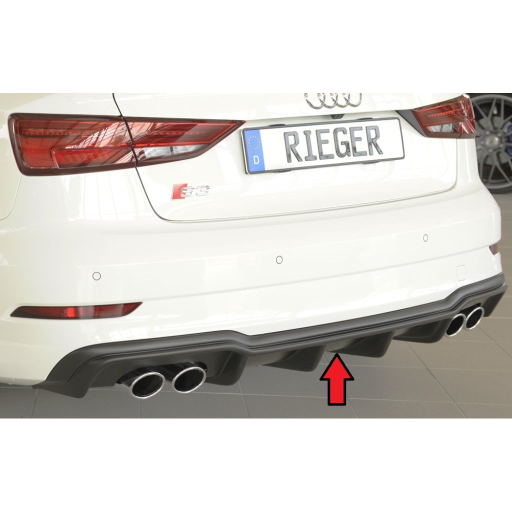 Rieger vložka zadního nárazníku pro Audi A3 S3 8V 3-dvéř. (convertible 8V7), 5-dvéř. (sedan 8VS) po faceliftu, plast ABS bez povrchové úpravy, pro orig. dvojité koncovky na obou stranách 4x90x72 mm