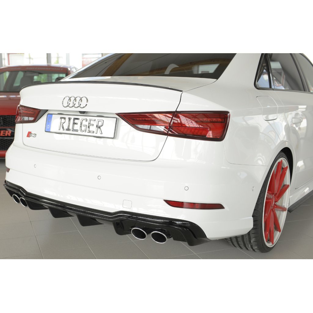 Rieger vložka zadního nárazníku pro Audi A3 S3 8V 3-dvéř. (convertible 8V7), 5-dvéř. (sedan 8VS) po faceliftu, plast ABS lakovaný do černé lesklé barvy, pro orig. dvojité koncovky na obou stranách 4x90x72 mm