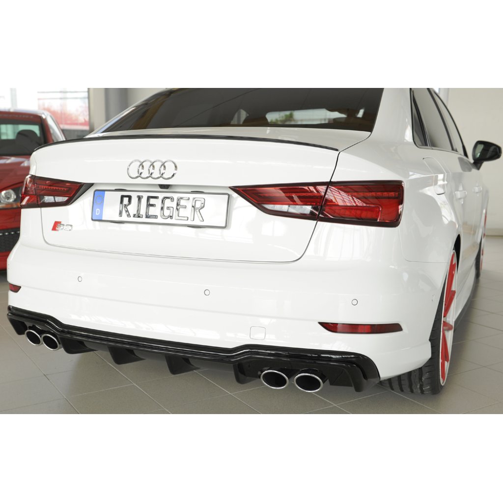 Rieger vložka zadního nárazníku pro Audi A3 S3 8V 3-dvéř. (convertible 8V7), 5-dvéř. (sedan 8VS) po faceliftu, plast ABS lakovaný do černé lesklé barvy, pro orig. dvojité koncovky na obou stranách 4x90x72 mm