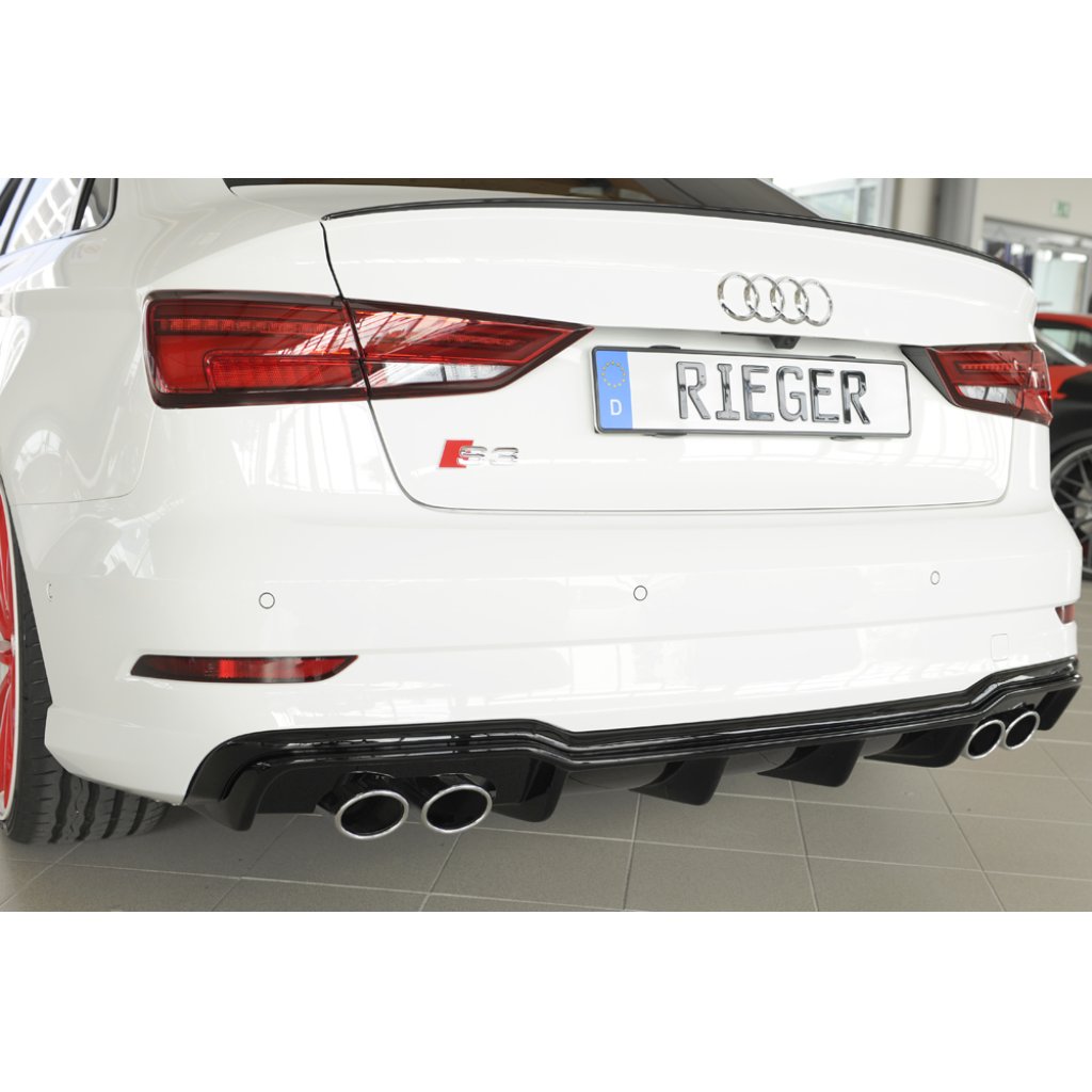 Rieger vložka zadního nárazníku pro Audi A3 S3 8V 3-dvéř. (convertible 8V7), 5-dvéř. (sedan 8VS) po faceliftu, plast ABS lakovaný do černé lesklé barvy, pro orig. dvojité koncovky na obou stranách 4x90x72 mm