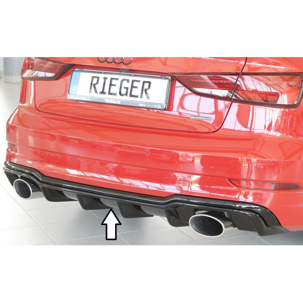 Rieger vložka zadního nárazníku pro Audi A3 S3 8V 3-dvéř. (convertible 8V7), 5-dvéř. (sedan 8VS) po faceliftu, plast ABS lakovaný do černé lesklé barvy, pro sportovní koncovky na obou stranách 152x95 mm