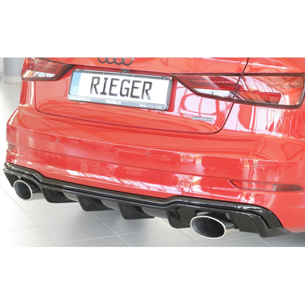 Rieger vložka zadního nárazníku pro Audi A3 S3 8V 3-dvéř. (convertible 8V7), 5-dvéř. (sedan 8VS) po faceliftu, plast ABS lakovaný do černé lesklé barvy, pro sportovní koncovky na obou stranách 152x95 mm