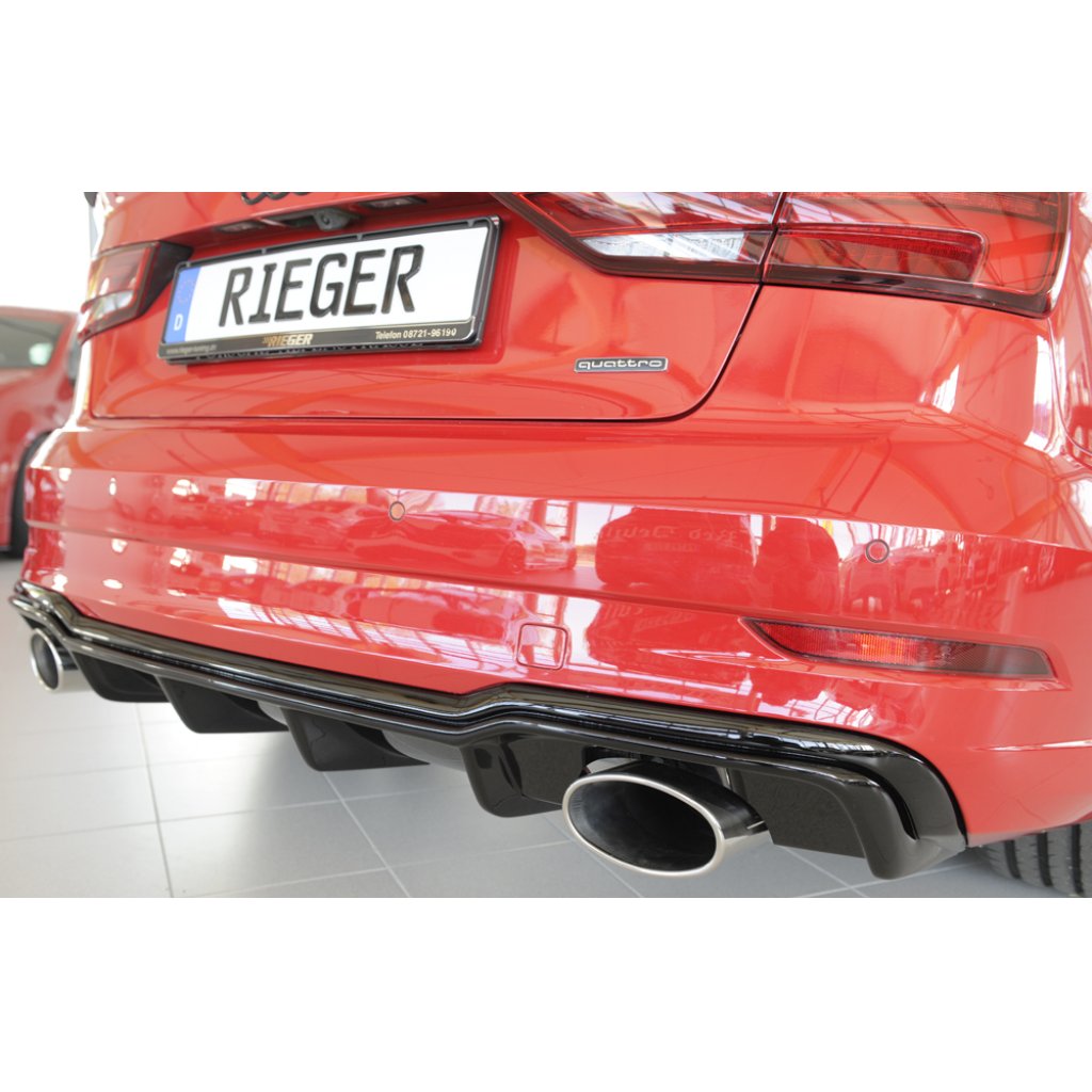 Rieger vložka zadního nárazníku pro Audi A3 S3 8V 3-dvéř. (convertible 8V7), 5-dvéř. (sedan 8VS) po faceliftu, plast ABS lakovaný do černé lesklé barvy, pro sportovní koncovky na obou stranách 152x95 mm