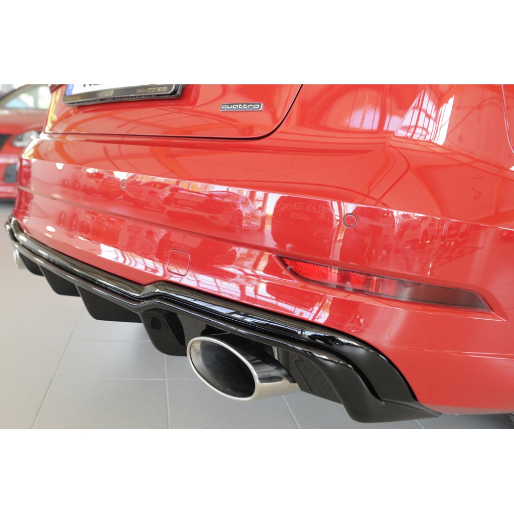 Rieger vložka zadního nárazníku pro Audi A3 S3 8V 3-dvéř. (convertible 8V7), 5-dvéř. (sedan 8VS) po faceliftu, plast ABS lakovaný do černé lesklé barvy, pro sportovní koncovky na obou stranách 152x95 mm