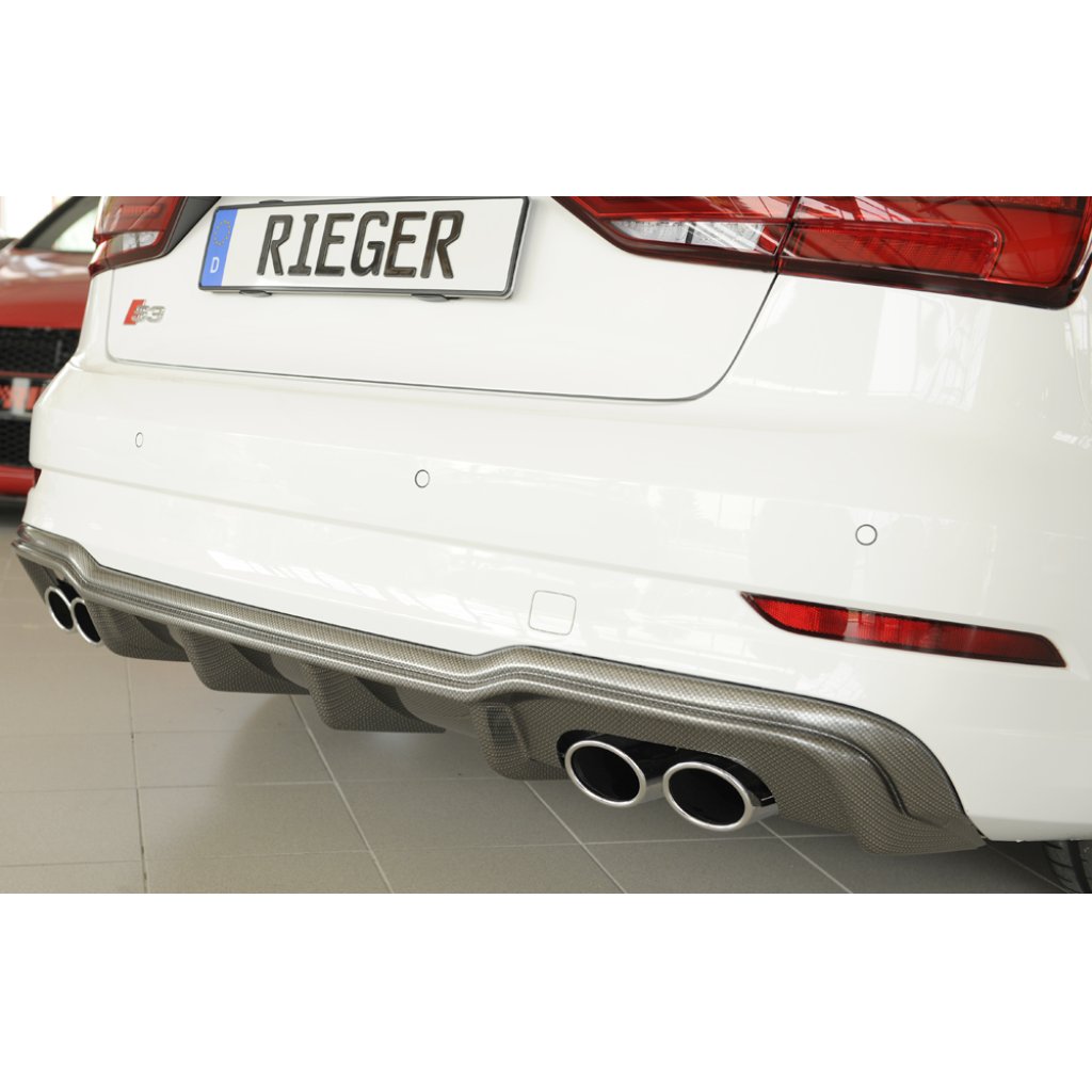Rieger vložka zadního nárazníku pro Audi A3 S3 8V 3-dvéř. (convertible 8V7), 5-dvéř. (sedan 8VS) po faceliftu, plast ABS s povrchovou úpravou Carbon-Look, pro orig. dvojité koncovky na obou stranách 4x90x72 mm