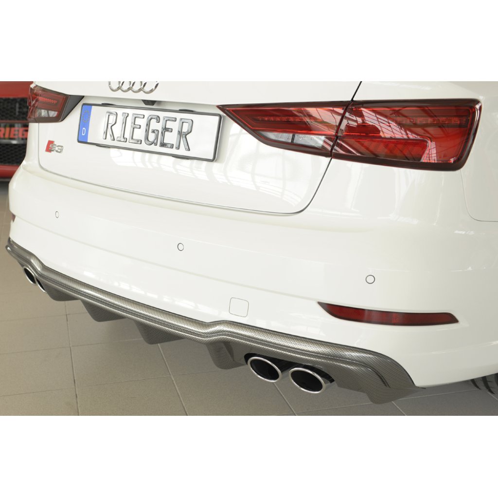Rieger vložka zadního nárazníku pro Audi A3 S3 8V 3-dvéř. (convertible 8V7), 5-dvéř. (sedan 8VS) po faceliftu, plast ABS s povrchovou úpravou Carbon-Look, pro orig. dvojité koncovky na obou stranách 4x90x72 mm