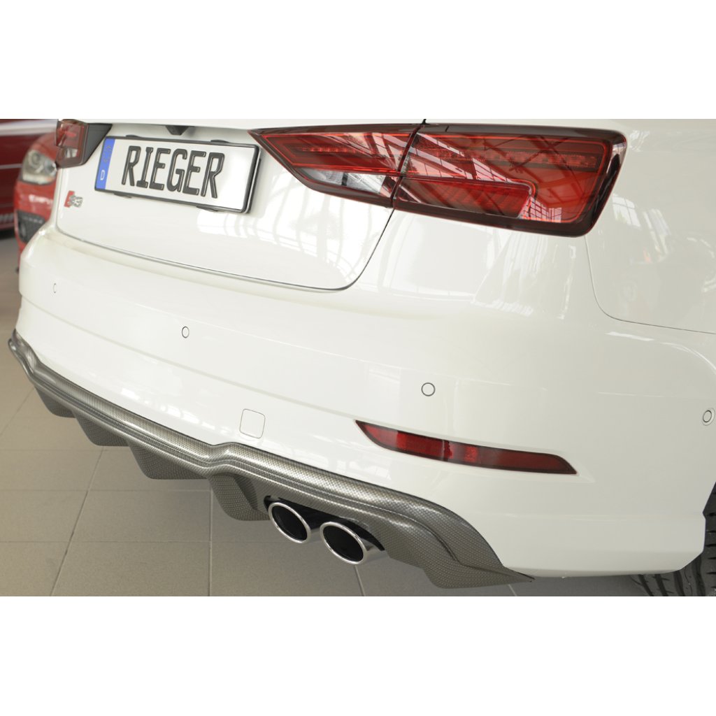 Rieger vložka zadního nárazníku pro Audi A3 S3 8V 3-dvéř. (convertible 8V7), 5-dvéř. (sedan 8VS) po faceliftu, plast ABS s povrchovou úpravou Carbon-Look, pro orig. dvojité koncovky na obou stranách 4x90x72 mm