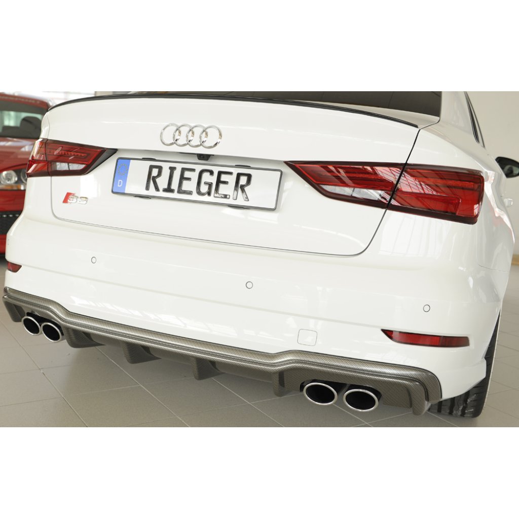 Rieger vložka zadního nárazníku pro Audi A3 S3 8V 3-dvéř. (convertible 8V7), 5-dvéř. (sedan 8VS) po faceliftu, plast ABS s povrchovou úpravou Carbon-Look, pro orig. dvojité koncovky na obou stranách 4x90x72 mm