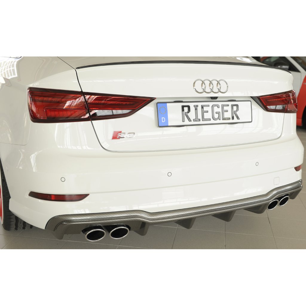 Rieger vložka zadního nárazníku pro Audi A3 S3 8V 3-dvéř. (convertible 8V7), 5-dvéř. (sedan 8VS) po faceliftu, plast ABS s povrchovou úpravou Carbon-Look, pro orig. dvojité koncovky na obou stranách 4x90x72 mm