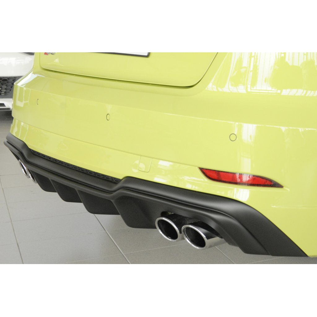 Rieger vložka zadního nárazníku pro Audi A3 S3 8V 3-dvéř. (hatchback 8V1), 5-dvéř. (sportback 8VA) po faceliftu, plast ABS bez povrchové úpravy, pro orig. dvojité koncovky na obou stranách 4x90x72 mm