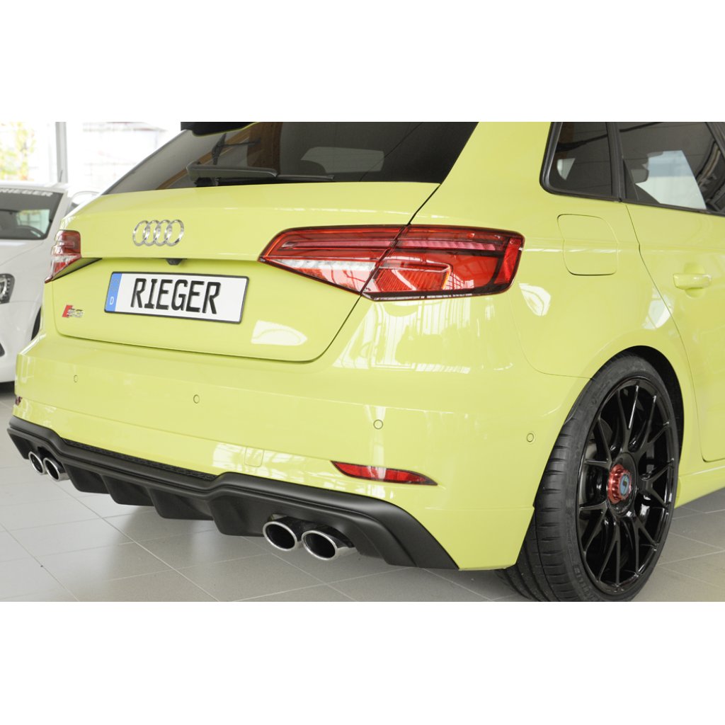 Rieger vložka zadního nárazníku pro Audi A3 S3 8V 3-dvéř. (hatchback 8V1), 5-dvéř. (sportback 8VA) po faceliftu, plast ABS bez povrchové úpravy, pro orig. dvojité koncovky na obou stranách 4x90x72 mm