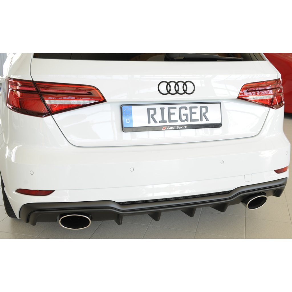 Rieger vložka zadního nárazníku pro Audi A3 S3 8V 3-dvéř. (hatchback 8V1), 5-dvéř. (sportback 8VA) po faceliftu, plast ABS bez povrchové úpravy, pro sportovní koncovky na obou stranách 152x95 mm