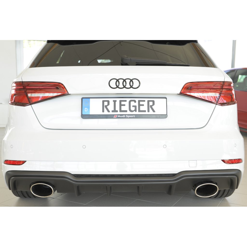 Rieger vložka zadního nárazníku pro Audi A3 S3 8V 3-dvéř. (hatchback 8V1), 5-dvéř. (sportback 8VA) po faceliftu, plast ABS bez povrchové úpravy, pro sportovní koncovky na obou stranách 152x95 mm