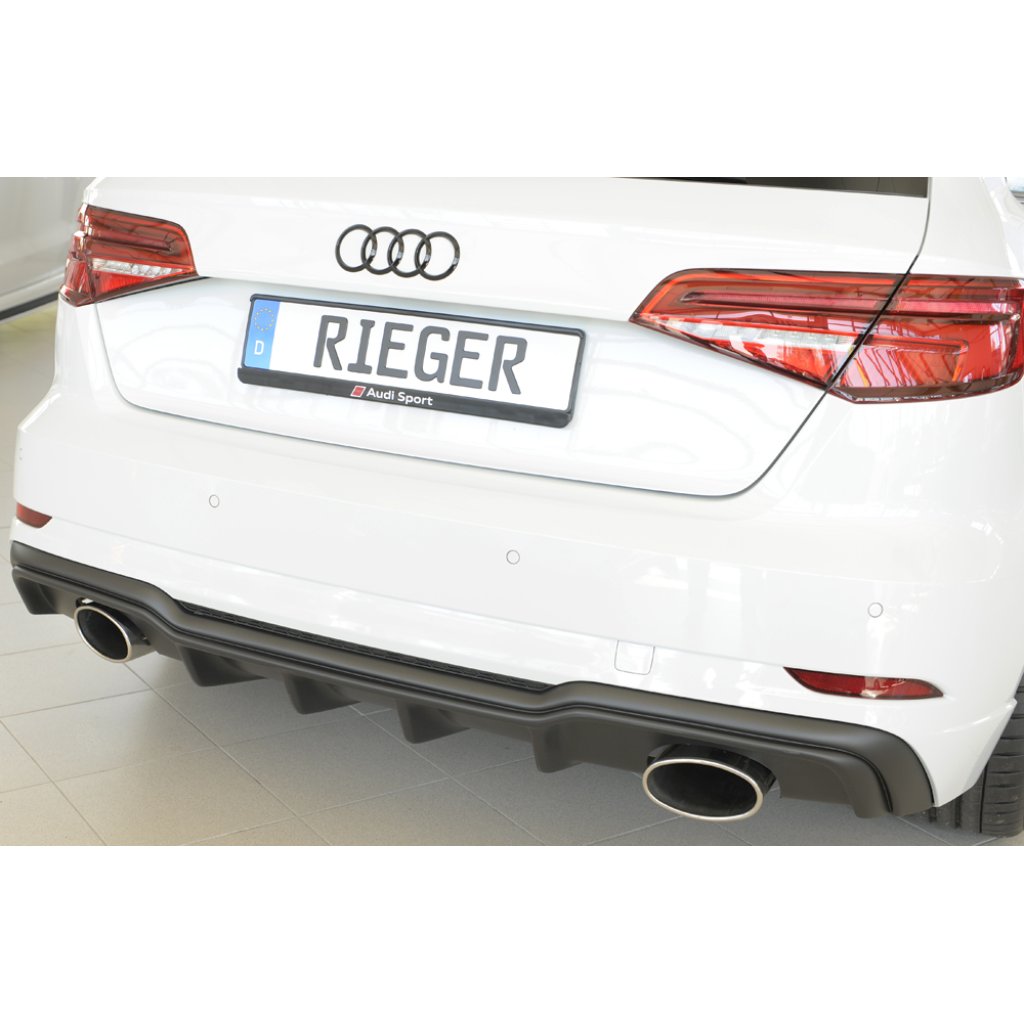 Rieger vložka zadního nárazníku pro Audi A3 S3 8V 3-dvéř. (hatchback 8V1), 5-dvéř. (sportback 8VA) po faceliftu, plast ABS bez povrchové úpravy, pro sportovní koncovky na obou stranách 152x95 mm
