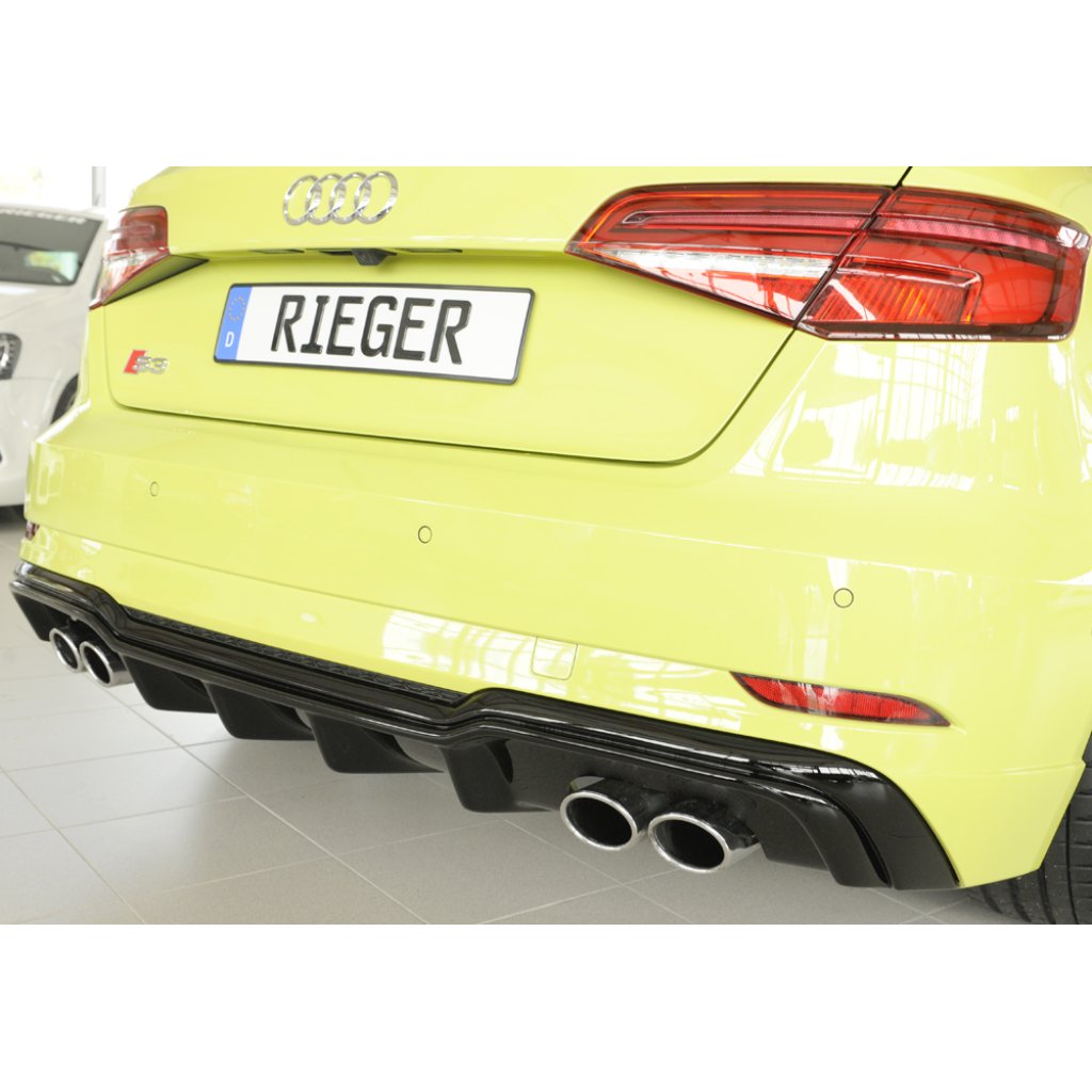 Rieger vložka zadního nárazníku pro Audi A3 S3 8V 3-dvéř. (hatchback 8V1), 5-dvéř. (sportback 8VA) po faceliftu, plast ABS lakovaný do černé lesklé barvy, pro orig. dvojité koncovky na obou stranách 4x90x72 mm