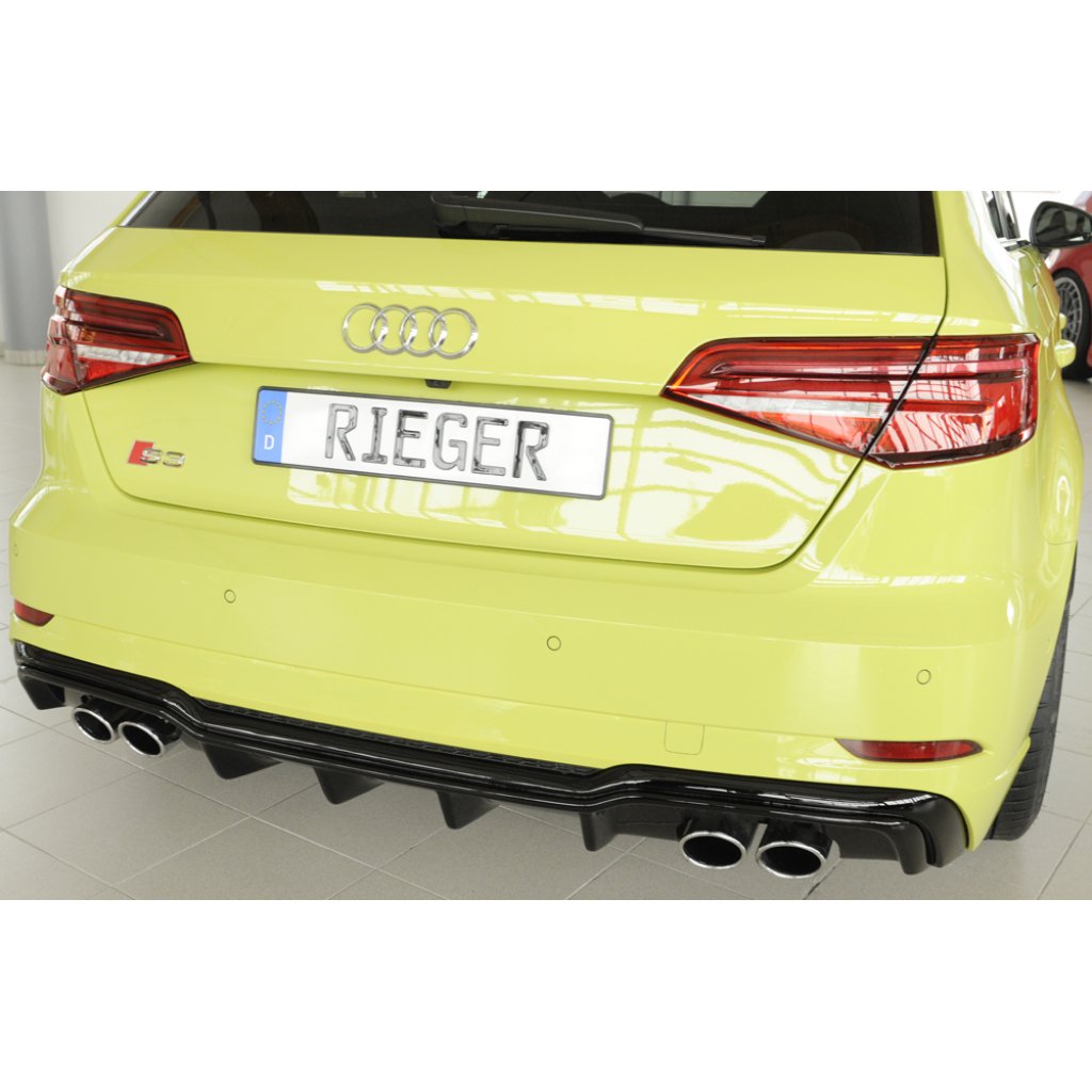 Rieger vložka zadního nárazníku pro Audi A3 S3 8V 3-dvéř. (hatchback 8V1), 5-dvéř. (sportback 8VA) po faceliftu, plast ABS lakovaný do černé lesklé barvy, pro orig. dvojité koncovky na obou stranách 4x90x72 mm