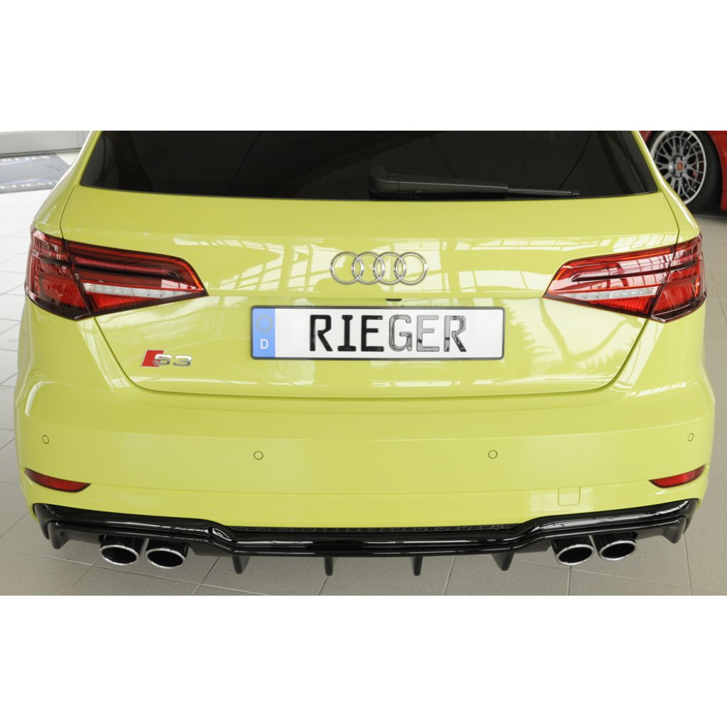 Rieger vložka zadního nárazníku pro Audi A3 S3 8V 3-dvéř. (hatchback 8V1), 5-dvéř. (sportback 8VA) po faceliftu, plast ABS lakovaný do černé lesklé barvy, pro orig. dvojité koncovky na obou stranách 4x90x72 mm