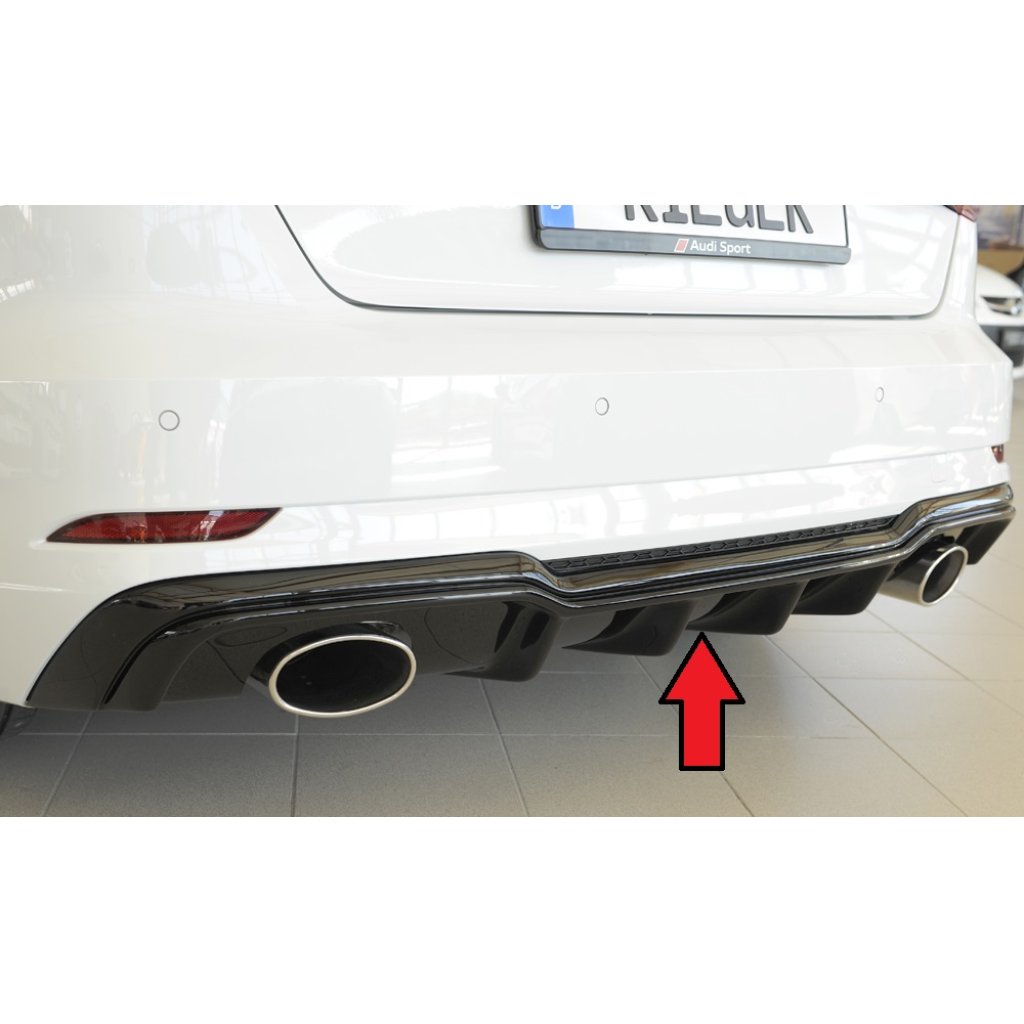 Rieger vložka zadního nárazníku pro Audi A3 S3 8V 3-dvéř. (hatchback 8V1), 5-dvéř. (sportback 8VA) po faceliftu, plast ABS lakovaný do černé lesklé barvy, pro sportovní koncovky na obou stranách 152x95 mm