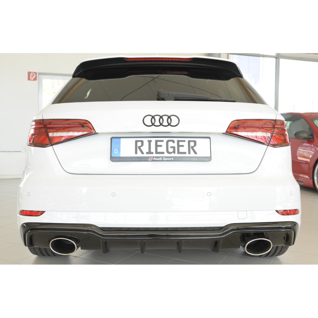 Rieger vložka zadního nárazníku pro Audi A3 S3 8V 3-dvéř. (hatchback 8V1), 5-dvéř. (sportback 8VA) po faceliftu, plast ABS lakovaný do černé lesklé barvy, pro sportovní koncovky na obou stranách 152x95 mm