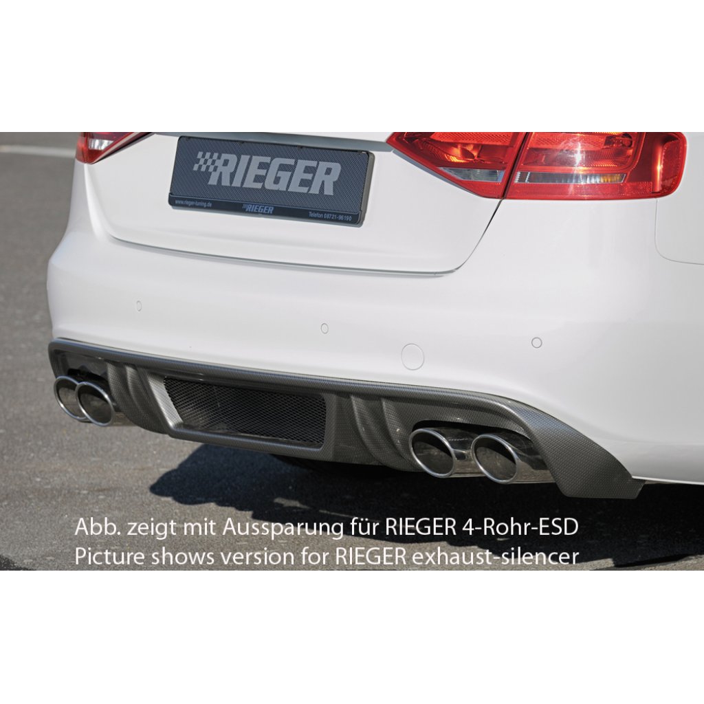 Rieger vložka zadního nárazníku pro Audi A4 S4 B8, B81 avant, sedan před faceliftem, plast ABS s povrchovou úpravou Carbon-Look, S-Line, pro orig. dvojité koncovky na obou stranách