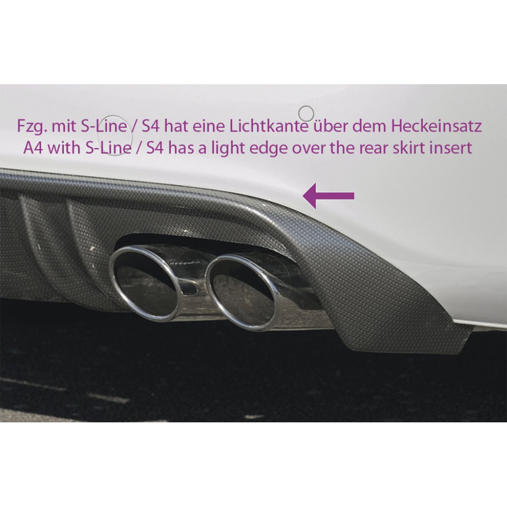 Rieger vložka zadního nárazníku pro Audi A4 S4 B8, B81 avant, sedan před faceliftem, plast ABS s povrchovou úpravou Carbon-Look, S-Line, pro orig. dvojité koncovky na obou stranách