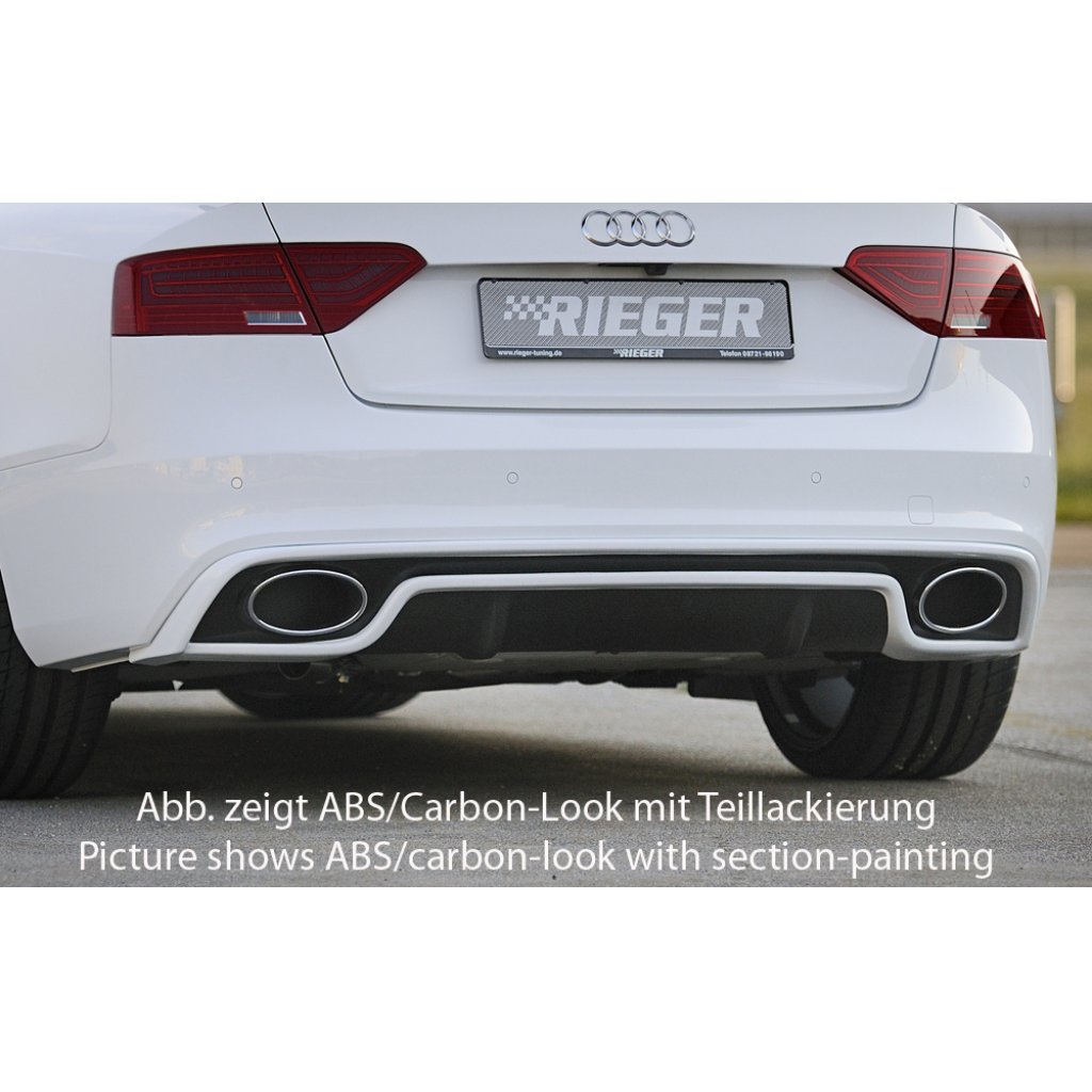 Rieger vložka zadního nárazníku pro Audi A5 B8, B81 kabriolet, kupé po faceliftu, plast ABS lakovaný do černé lesklé barvy, S-Line, pro oválné výfukové deflektory na obou stranách 185x120 mm