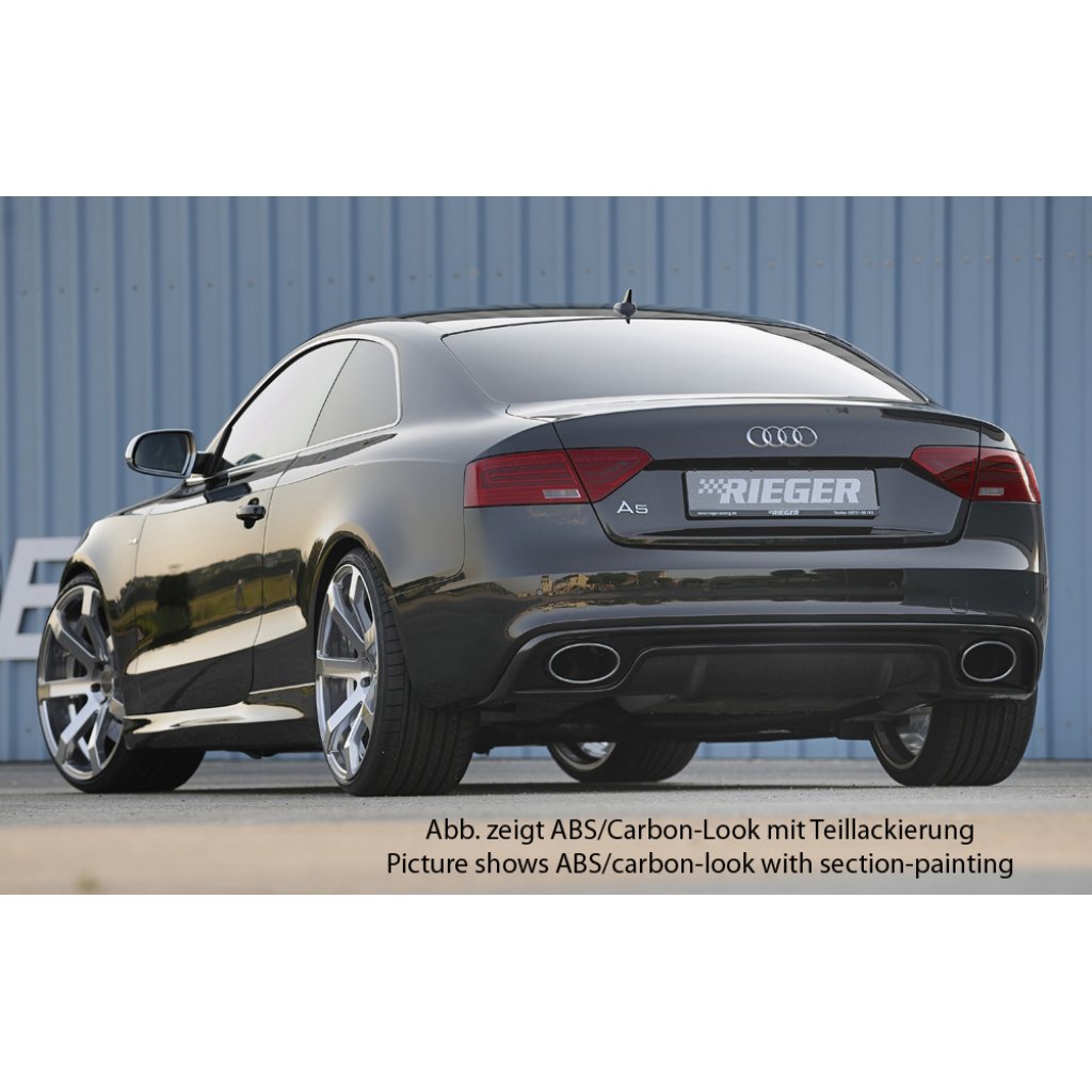 Rieger vložka zadního nárazníku pro Audi A5 B8, B81 kabriolet, kupé po faceliftu, plast ABS lakovaný do černé lesklé barvy, S-Line, pro oválné výfukové deflektory na obou stranách 185x120 mm