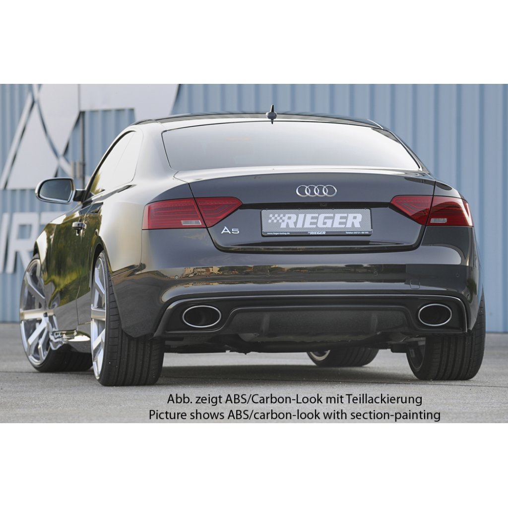 Rieger vložka zadního nárazníku pro Audi A5 B8, B81 kabriolet, kupé po faceliftu, plast ABS lakovaný do černé lesklé barvy, S-Line, pro oválné výfukové deflektory na obou stranách 185x120 mm