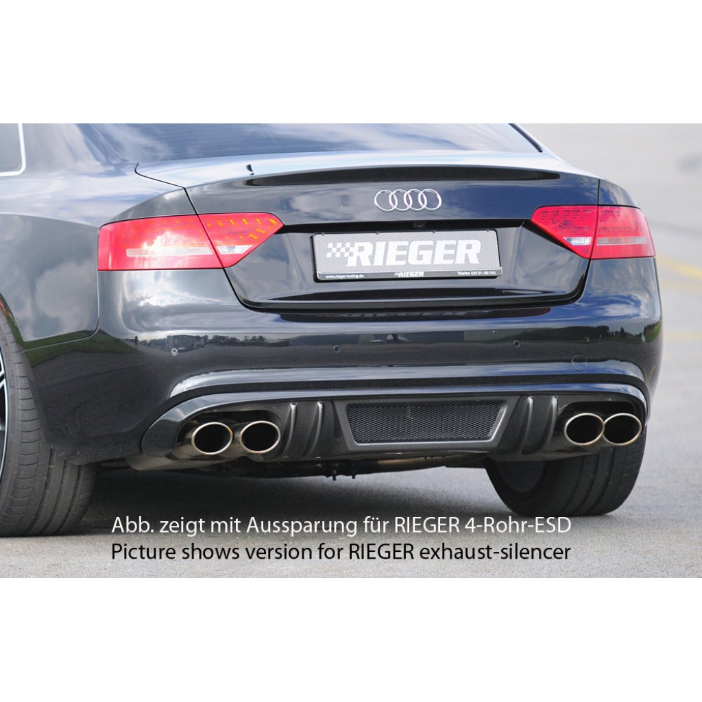 Rieger vložka zadního nárazníku pro Audi A5 B8, B81 kabriolet, kupé před faceliftem, plast ABS s povrchovou úpravou Carbon-Look, S-Line, pro orig. dvojitou koncovku vlevo