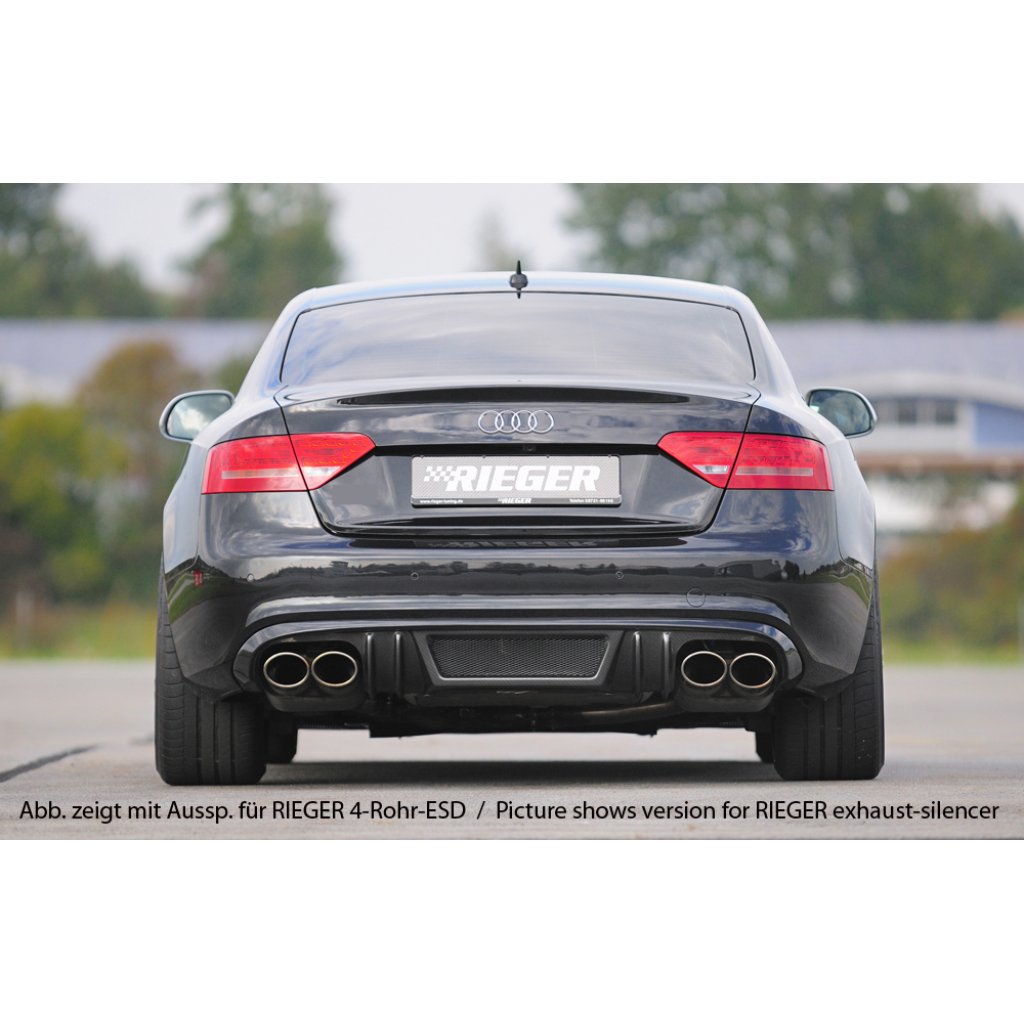 Rieger vložka zadního nárazníku pro Audi A5 B8, B81 kabriolet, kupé před faceliftem, plast ABS s povrchovou úpravou Carbon-Look, S-Line, pro orig. dvojitou koncovku vlevo