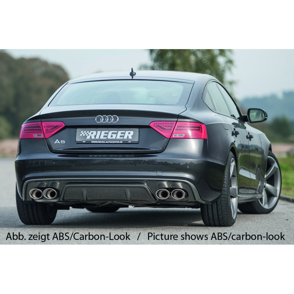 Rieger vložka zadního nárazníku pro Audi A5 B8, B81 Sportback po faceliftu, plast ABS lakovaný do černé lesklé barvy, S-Line, pro dvojité koncovky na obou stranách 115x85 mm