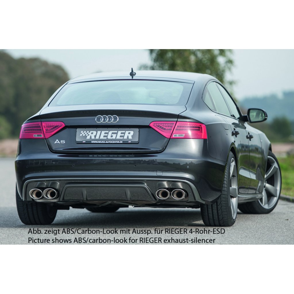 Rieger vložka zadního nárazníku pro Audi A5 B8, B81 Sportback po faceliftu, plast ABS lakovaný do černé lesklé barvy, S-Line, pro orig. dvojitou koncovku vlevo
