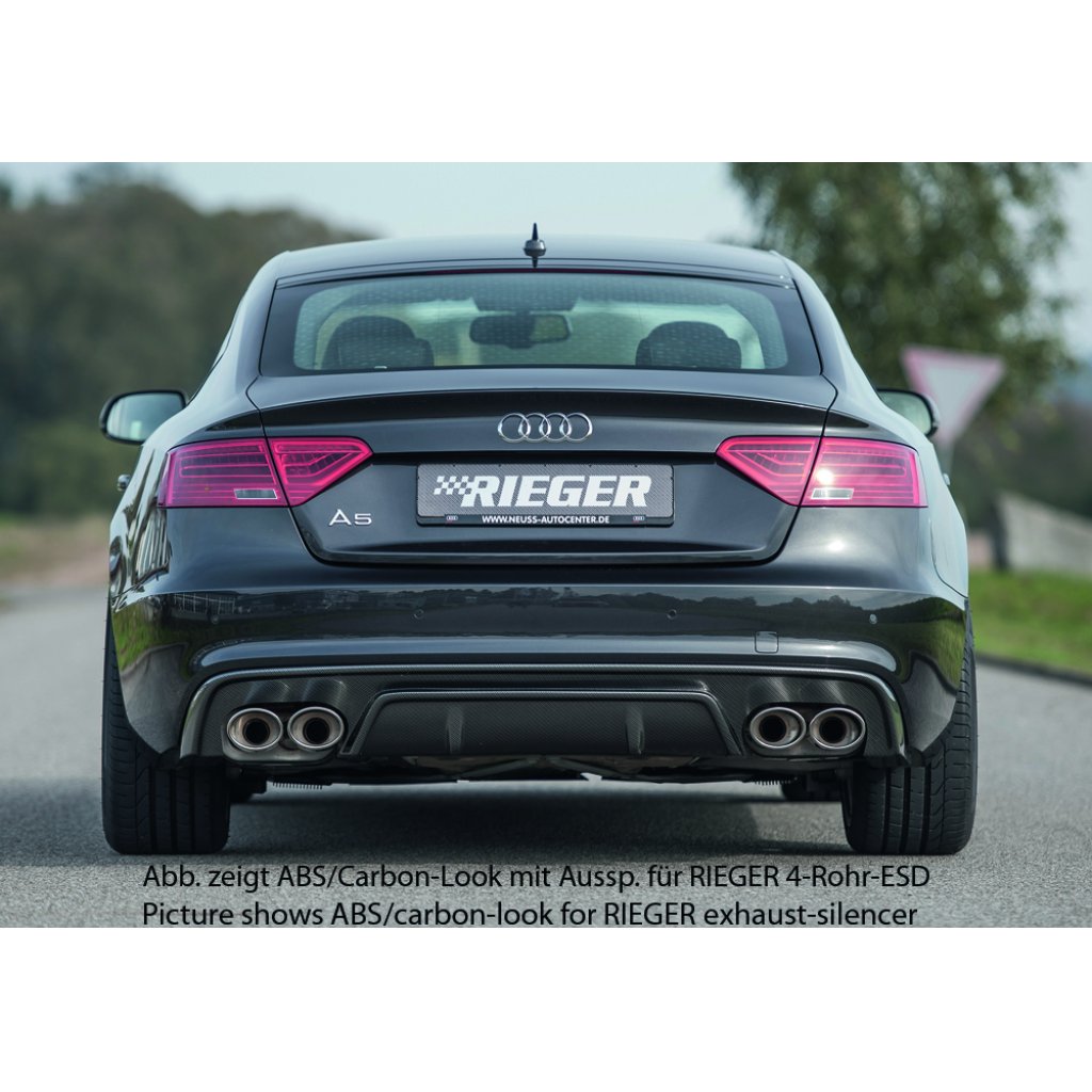 Rieger vložka zadního nárazníku pro Audi A5 B8, B81 Sportback po faceliftu, plast ABS lakovaný do černé lesklé barvy, S-Line, pro orig. dvojitou koncovku vlevo
