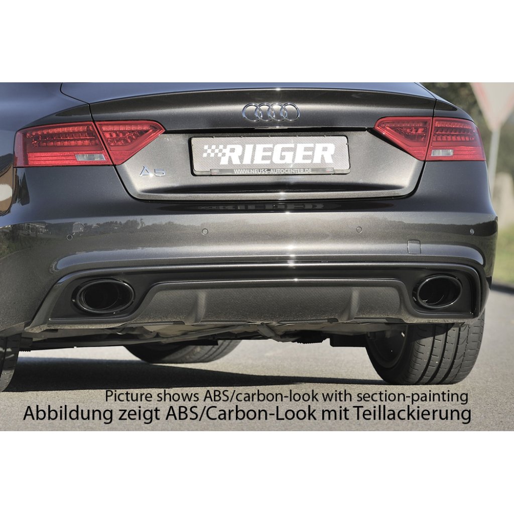Rieger vložka zadního nárazníku pro Audi A5 B8, B81 Sportback po faceliftu, plast ABS lakovaný do černé lesklé barvy, S-Line, pro oválné výfukové deflektory na obou stranách 185x120 mm